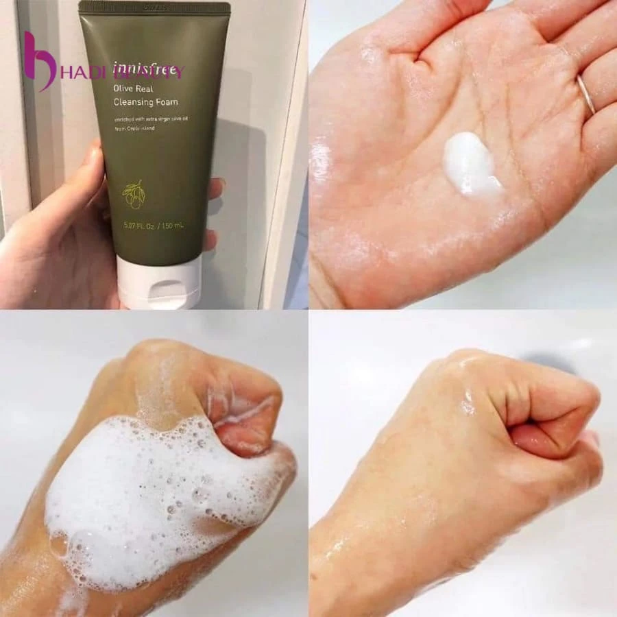 Innisfree Olive real Cleansing Foam có kết cấu hơi lỏng, màu trắng, tạo bọt tốt